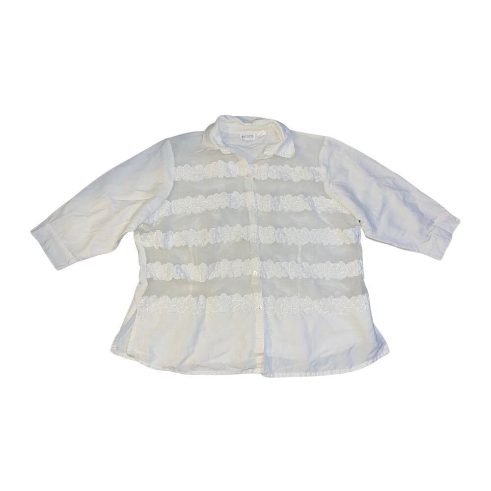 Vintage Baluchi Embroidered Floral White Button Blouse SZ XL Cottagecore Prairie